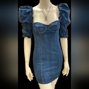Denim Mini Dress with Puff Sleeves - Blue